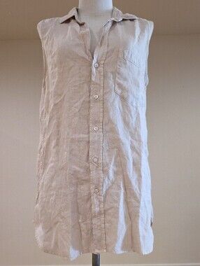 NWOT $248 FRANK & EILEEN FINLEY SLEEVELESS LINEN BUTTON UP BEIGE SHIRT SIZE S
